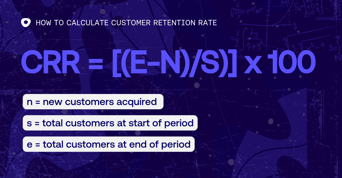 Graphic image title, “How to Calculate Customer Retention Rate” with dark purple background and abstract patterns