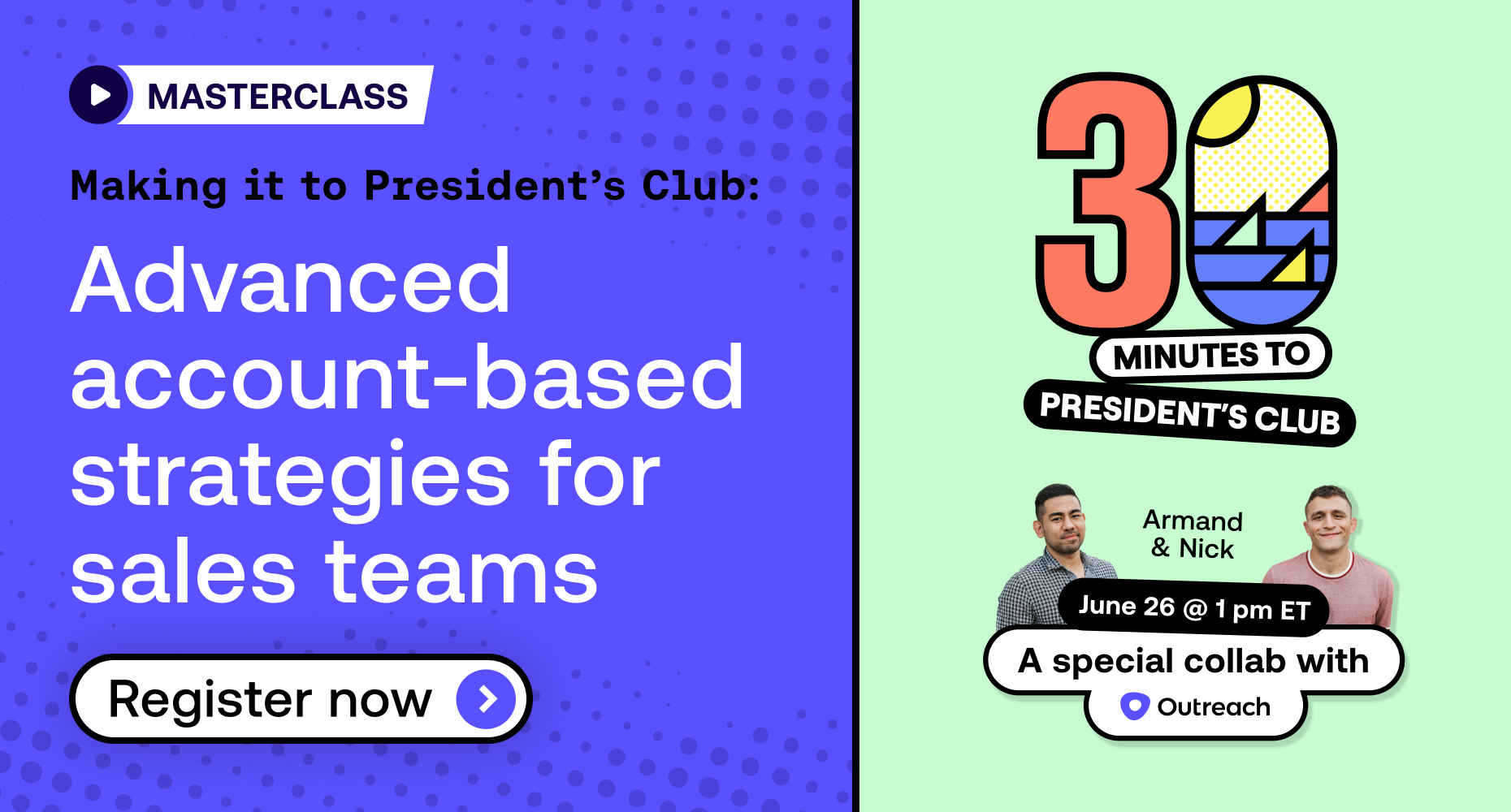 graphic promoting 30 minutes to presidents club webinar on advanced account-based strategies for sales teams
