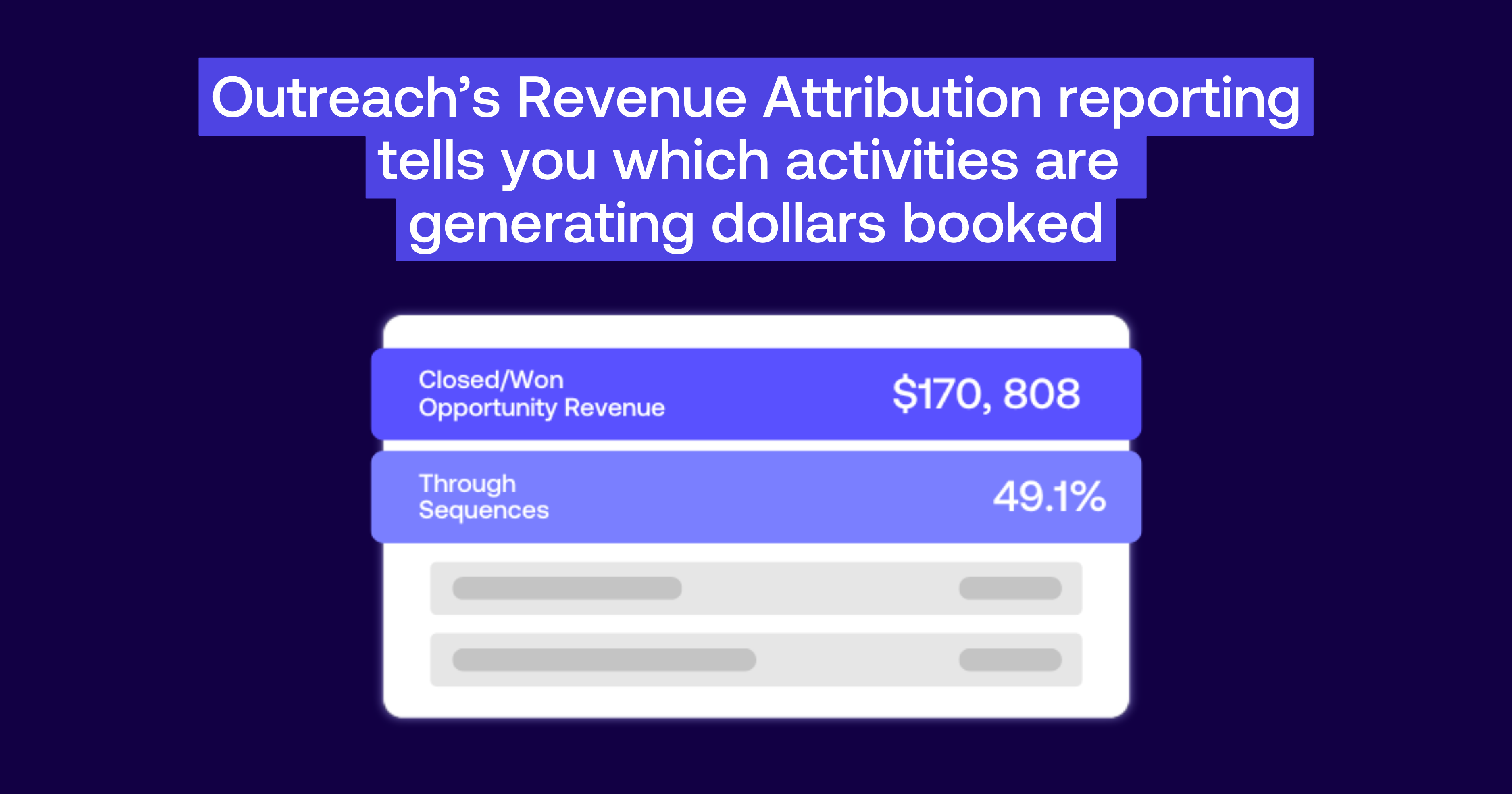 graphics on a purple background that show revenue attribution reporting in Outreach