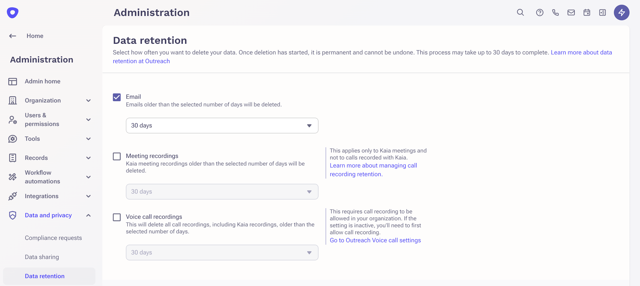 Admin dash data retention