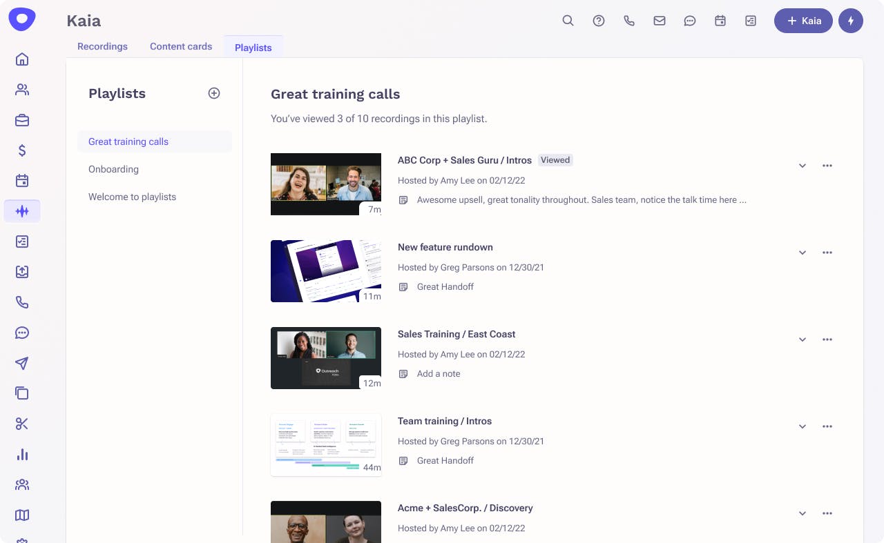Kaia, Outreach's conversational intelligence platform, showcasing curated playlists of exemplary training and onboarding calls to effectively train new sellers on the company's product, messaging, and processes in real-time.