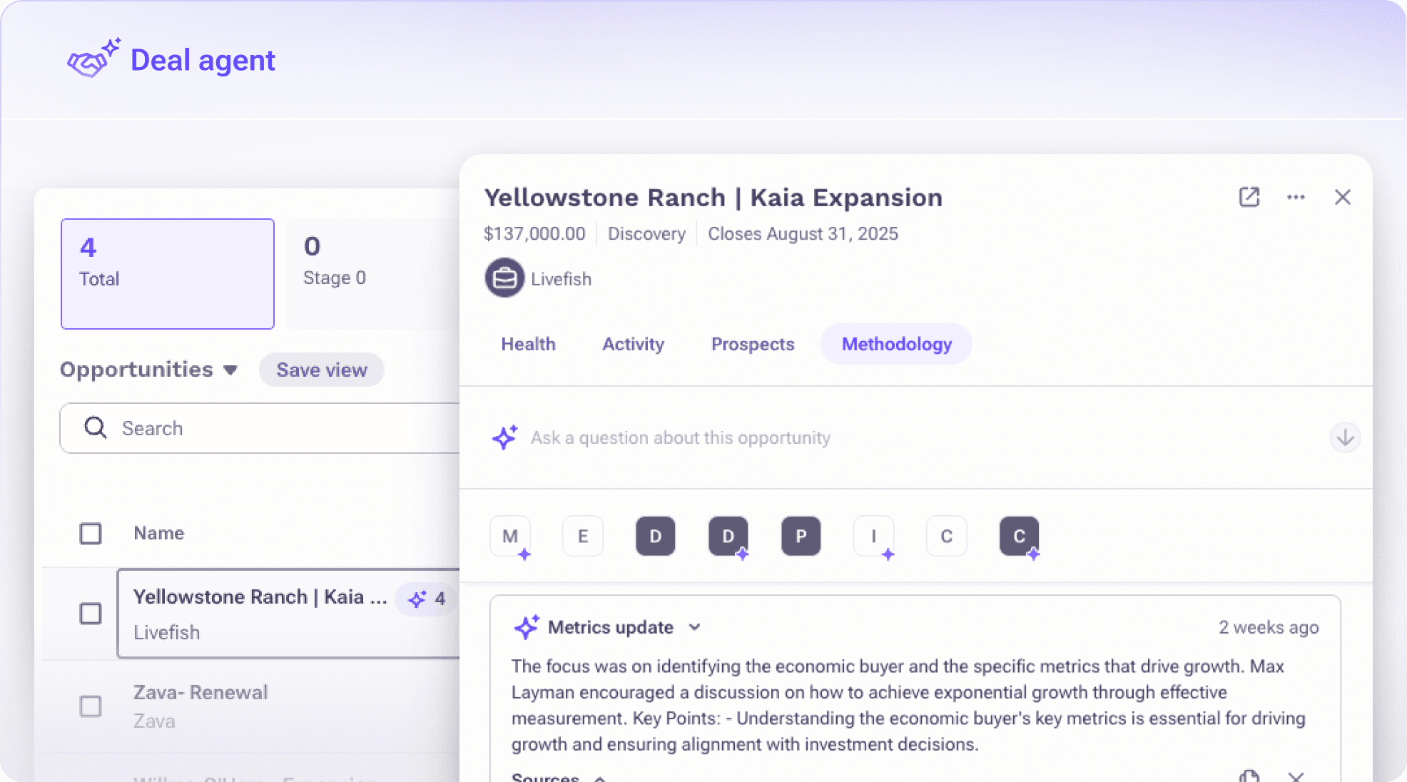 Screenshot of Outreach AI Deal Agent interface showing AI-recommended opportunity updates for accurate pipeline management.