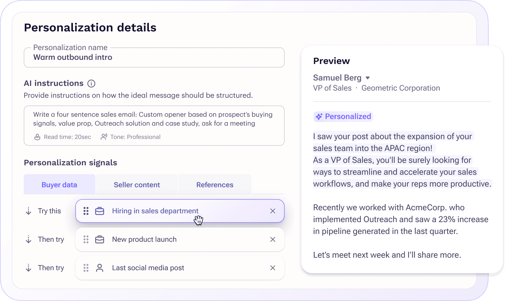 Outreach AI interface showing personalized message preview and persona-based content tags such as buyer role and engagement stage