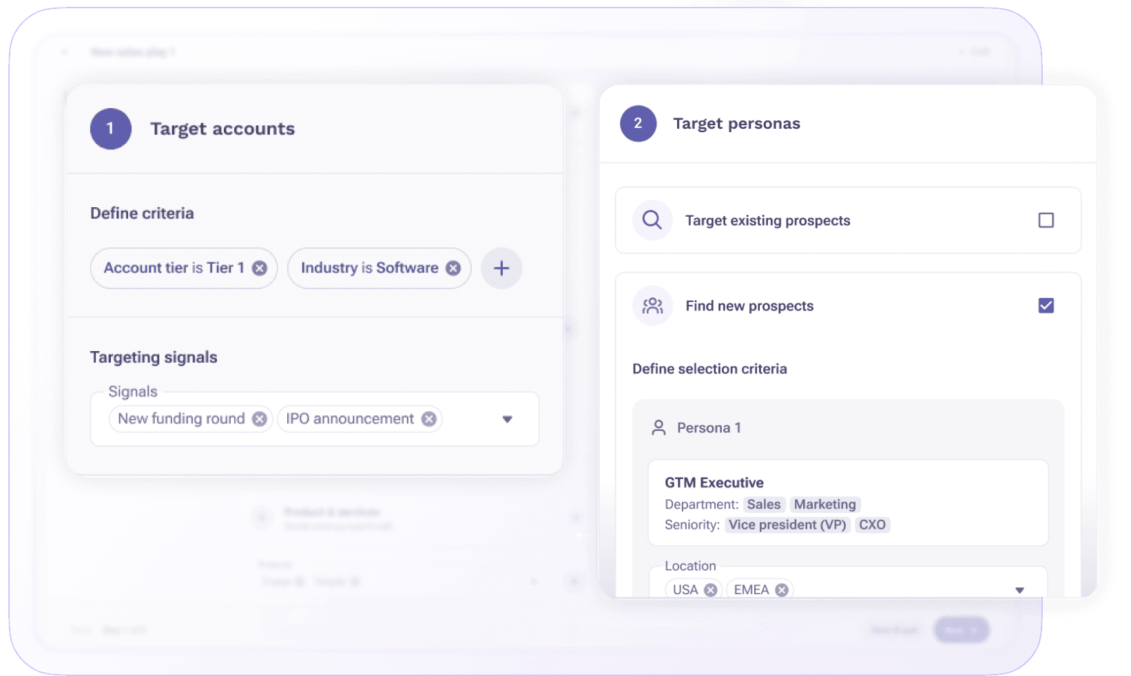 Outreach AI interface showing targeting filters for accounts and personas based on tier, industry, signals, and job role