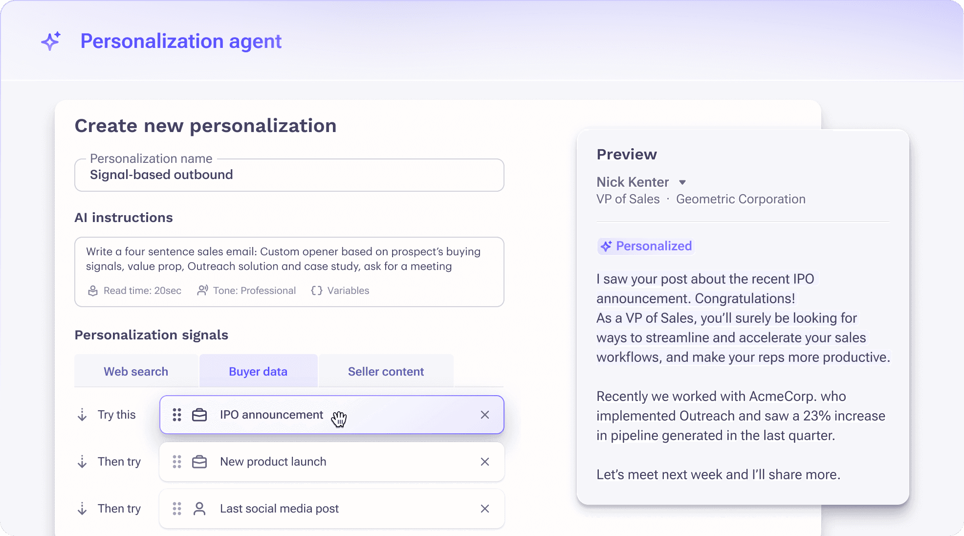 AI-powered Personalization Agent composing personalized sales messages using buyer context and engagement insights.